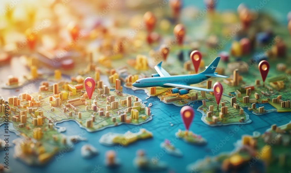 Fototapeta premium 3D web vector illustrations showcasing airplane trips around the world with travel pin locations on a global map