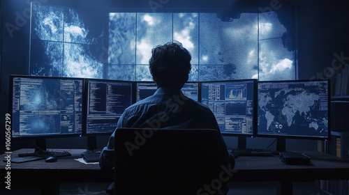 Cybersecurity Analyst Monitoring Multiple Data Feeds On Large Screens In A Dark Room, Surrounded By High-Tech Surveillance Equipment