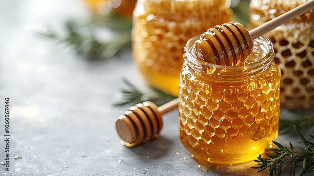 Fresh honey jar with wooden honey dipper Fresh honey jar with wooden honey dipper