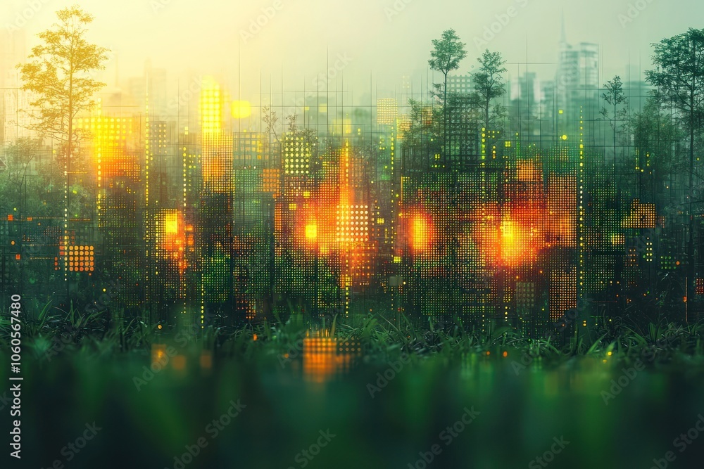 Fototapeta premium Abstract Cityscape with Green Foliage and Glowing Lights