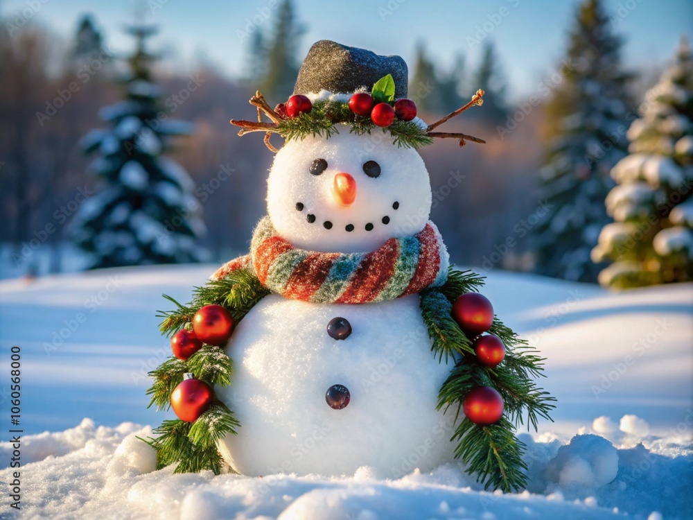 Fototapeta premium Snowman with a Wreath Around Neck