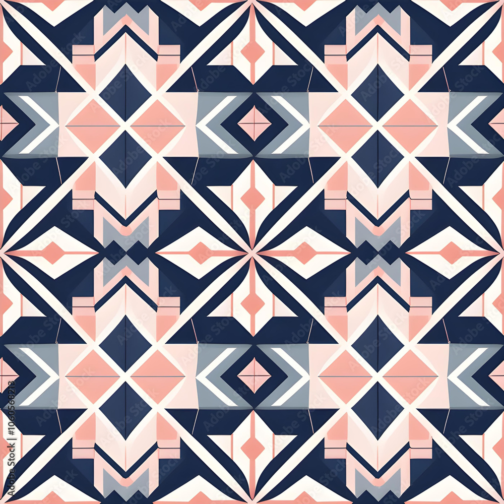 Chic Seamless Pattern Featuring Diamonds, Hexagons, and Triangles in Blush and Navy Chic Seamless Pattern Featuring Diamonds, Hexagons, and Triangles in Blush and Navy