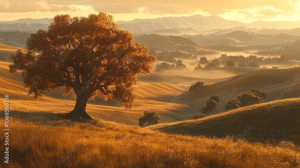 Obraz premium Golden hour landscape of rolling hills with a lone oak tree in the foreground, misty valleys in the background, warm sunlight, ultra-realistic detail .