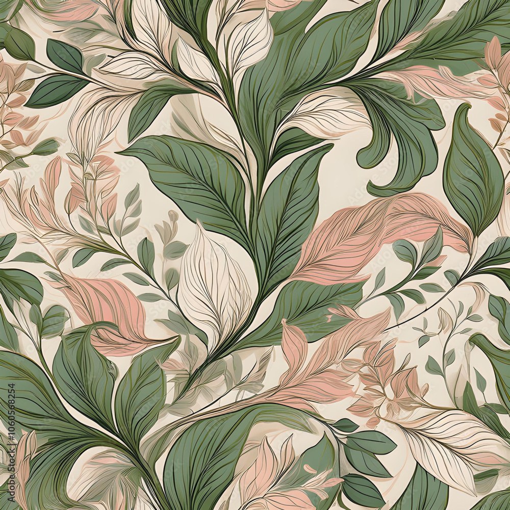 Fototapeta premium Chic Seamless Pattern of Intricate Vines and Leaves in Green, Ivory, and Soft Blush Pink