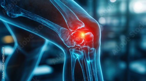 A 3D rendered illustration of a knee with a glowing red area indicating pain and inflammation
