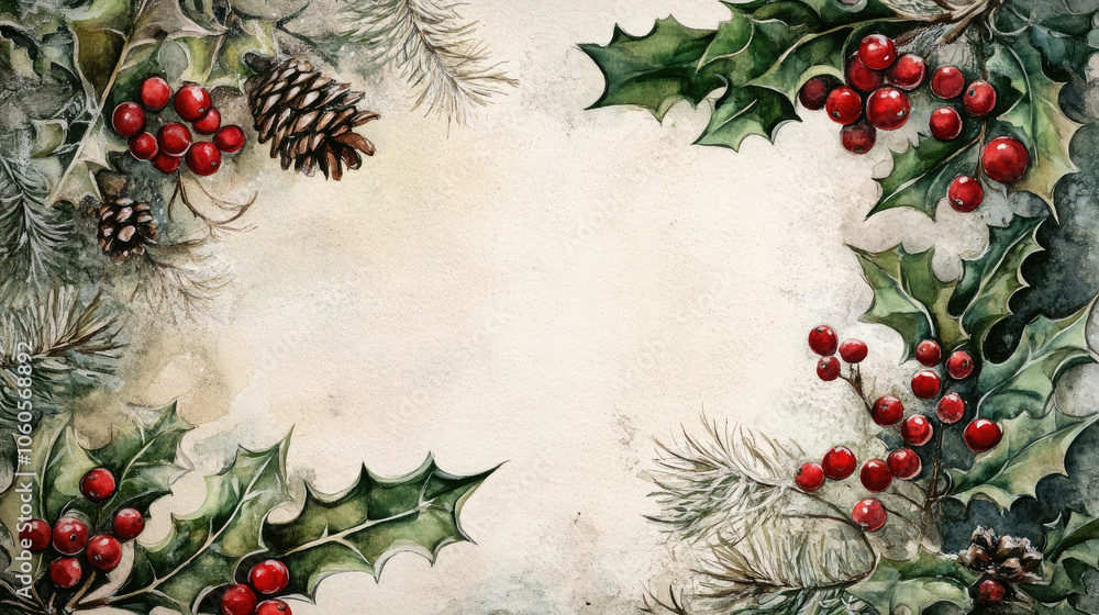 frame of fir branches, holly, mistletoe, red berries on white background, christmas, new year, postcard, xmas, congratulations, celebration, wallpaper, illustration frame of fir branches, holly, mistletoe, red berries on white background, christmas, new year, postcard, xmas, congratulations, celebration, wallpaper, illustration