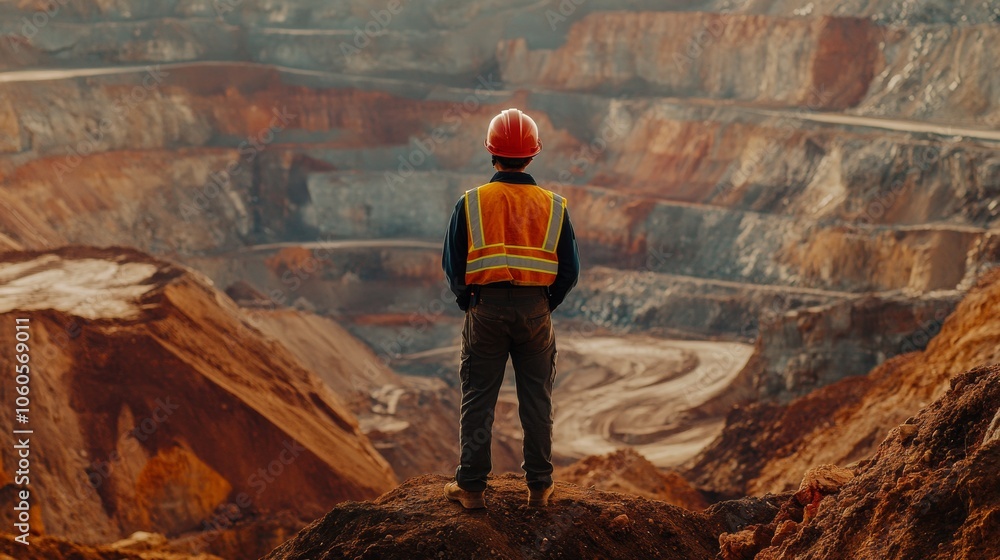 Fully equipped in safety gear, the copper mine worker faces the vast mountain quarry, a testament to the endurance required in the mining world