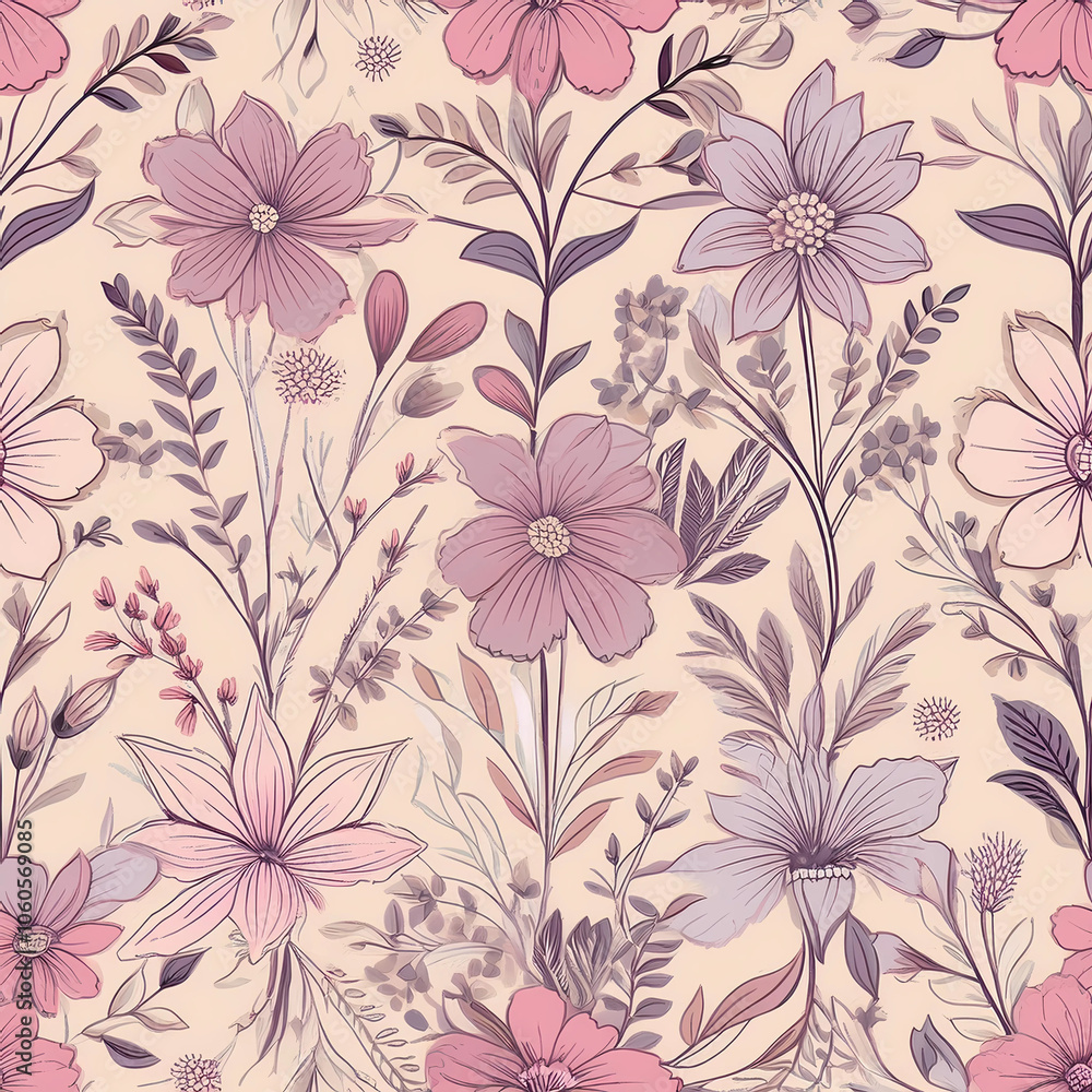 custom made wallpaper toronto digital a seamless fabric pattern with a vintage vibe, combining small floral elements and fine geometric lines in pastel tones of pink, lavender, and cream