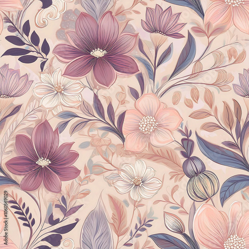 Wallpaper Mural Vintage-Inspired Seamless Pattern with Floral Elements and Geometric Lines in Pastel Tones Torontodigital.ca