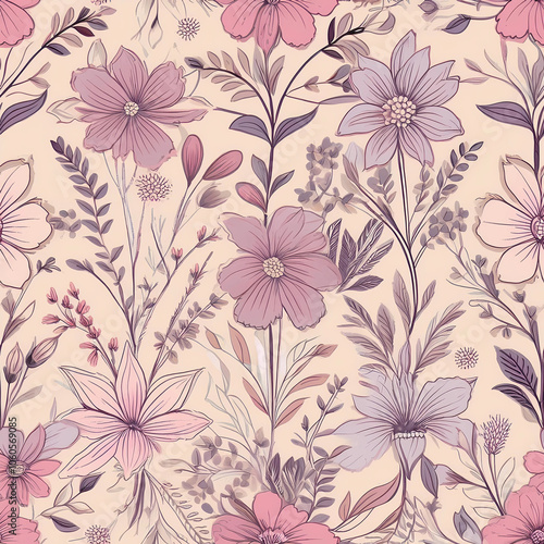 Wallpaper Mural  a seamless fabric pattern with a vintage vibe, combining small floral elements and fine geometric lines in pastel tones of pink, lavender, and cream Torontodigital.ca