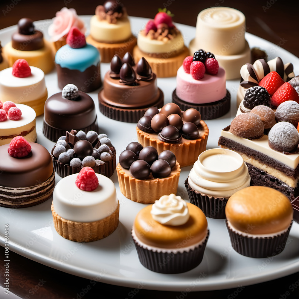 Dessert Table: Show a selection of realistic desserts on a beautifully set table, including a slice of chocolate cake, fruit tarts, and cookies, all styled with natural elements like flowers or fruits Dessert Table: Show a selection of realistic desserts on a beautifully set table, including a slice of chocolate cake, fruit tarts, and cookies, all styled with natural elements like flowers or fruits