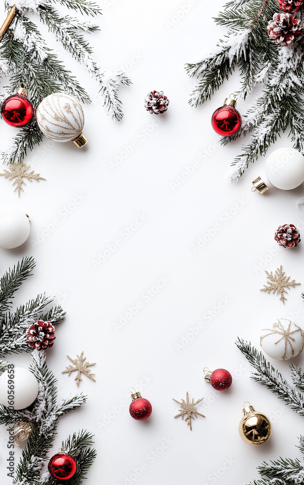 Festive Christmas Ornaments and Snow-Dusted Pine Branches on a White Background Festive Christmas Ornaments and Snow-Dusted Pine Branches on a White Background