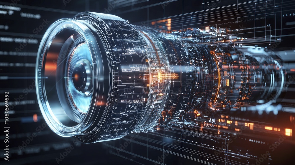 Close-up view of a digital twin of a jet engine, with rotating parts, thermal data overlays, and industrial precision Close-up view of a digital twin of a jet engine, with rotating parts, thermal data overlays, and industrial precision