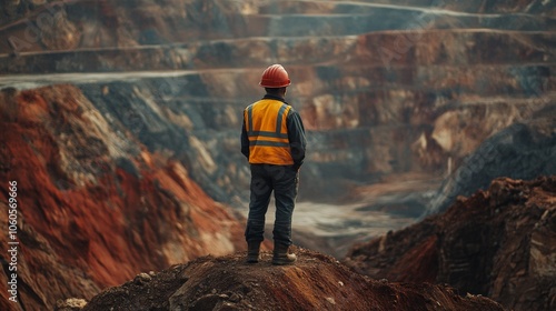 Dressed in head-to-toe protective equipment, a copper quarry worker stands before the expansive mountain range, representing the strength and dedication of miners