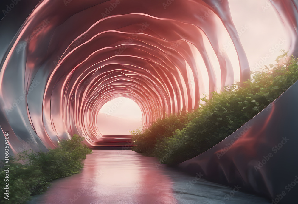 Obraz premium Fantastic organic tunnel with wave details, 3d rendering. A surreal tunnel with smooth, wavy walls leading to a bright light at the end.