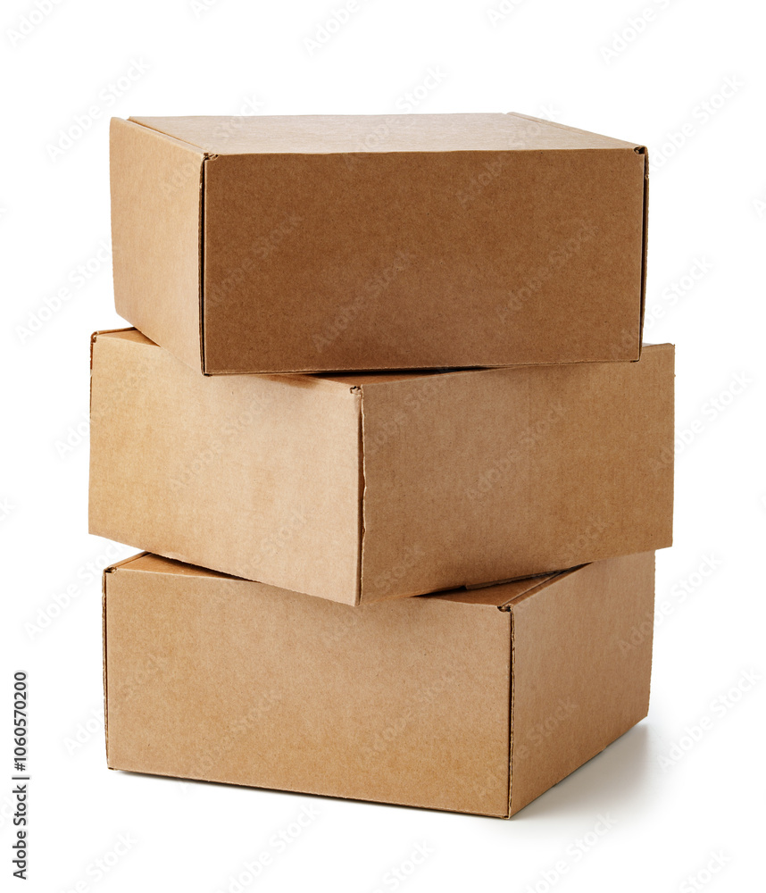 Stacked brown cardboard boxes in various sizes arranged on a white background