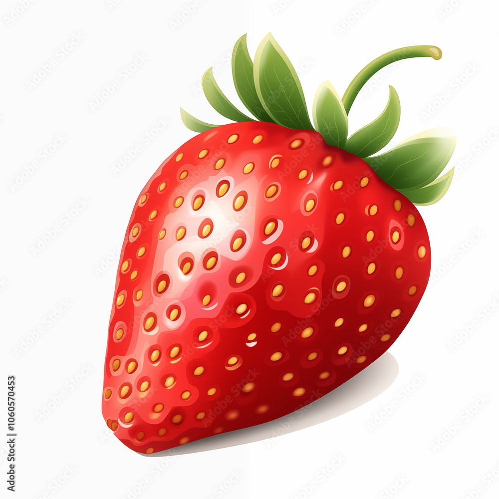 Cartoon illustration of a ripe strawberry with vibrant red color and green leaves Cartoon illustration of a ripe strawberry with vibrant red color and green leaves