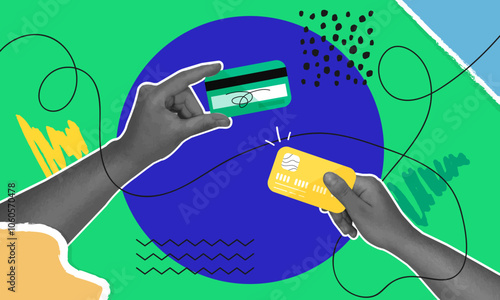 Contemporary collage with hands holding credit plastic cards. Trendy abstract shapes.Non-cash money turnover. Financial operations, transactions, investments, and payment concept.Vector illustration