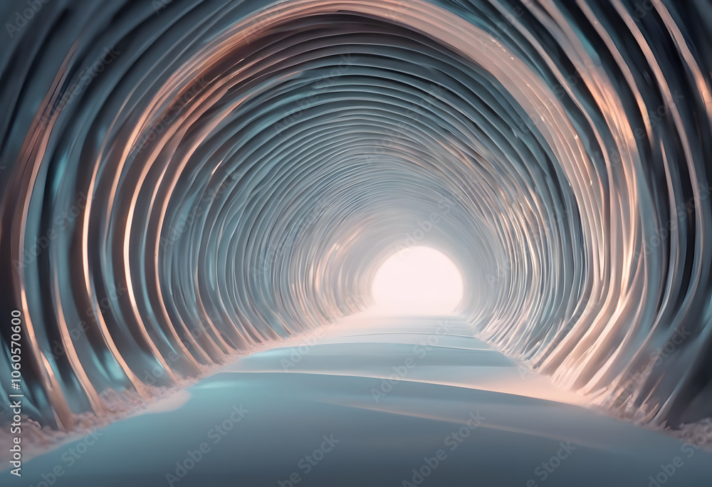 Naklejka premium Fantastic organic tunnel with wave details, 3d rendering. A surreal tunnel with smooth, wavy walls leading to a bright light at the end.