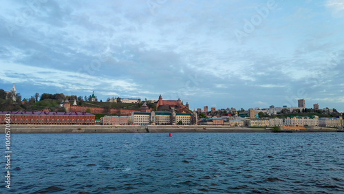 Nizhny Novgorod, Russia. The central embankment of the city from the water during sunset. Nizhny Novgorod Kremlin