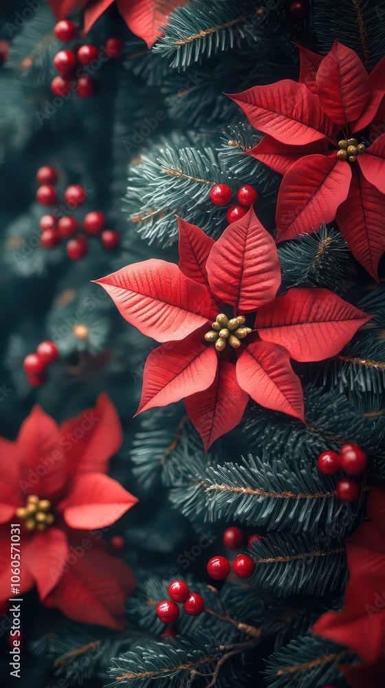 festive christmas decoration featuring a vibrant frame of red poinsettias and a lush tree branch evoking a warm and joyful holiday spirit festive christmas decoration featuring a vibrant frame of red poinsettias and a lush tree branch evoking a warm and joyful holiday spirit