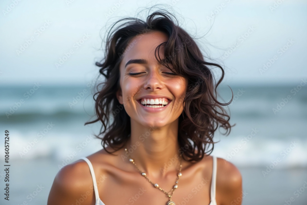 Woman by ocean, radiant and elegant Woman by ocean, radiant and elegant