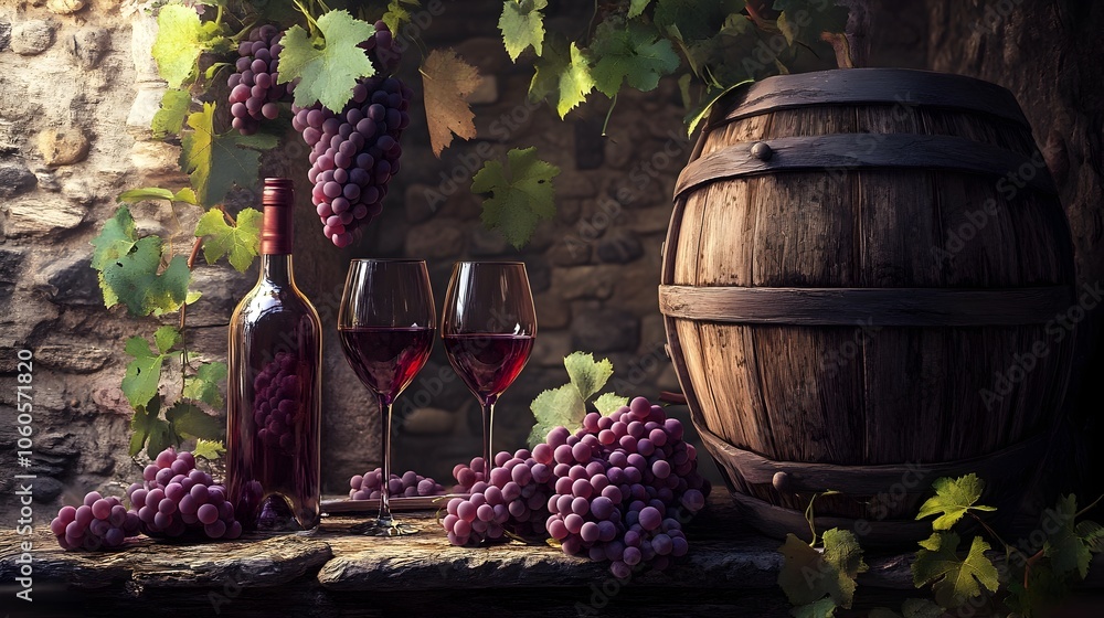 Harvest Time Wine Bottles and Glassware in Weathered Cellar Setting