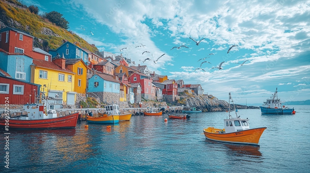 Obraz premium Coastal Town with Colorful Houses and Fishing Boats in the Harbor