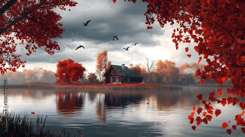 Majestic Autumn Skyline with Soaring Herons and Fiery Maple Trees