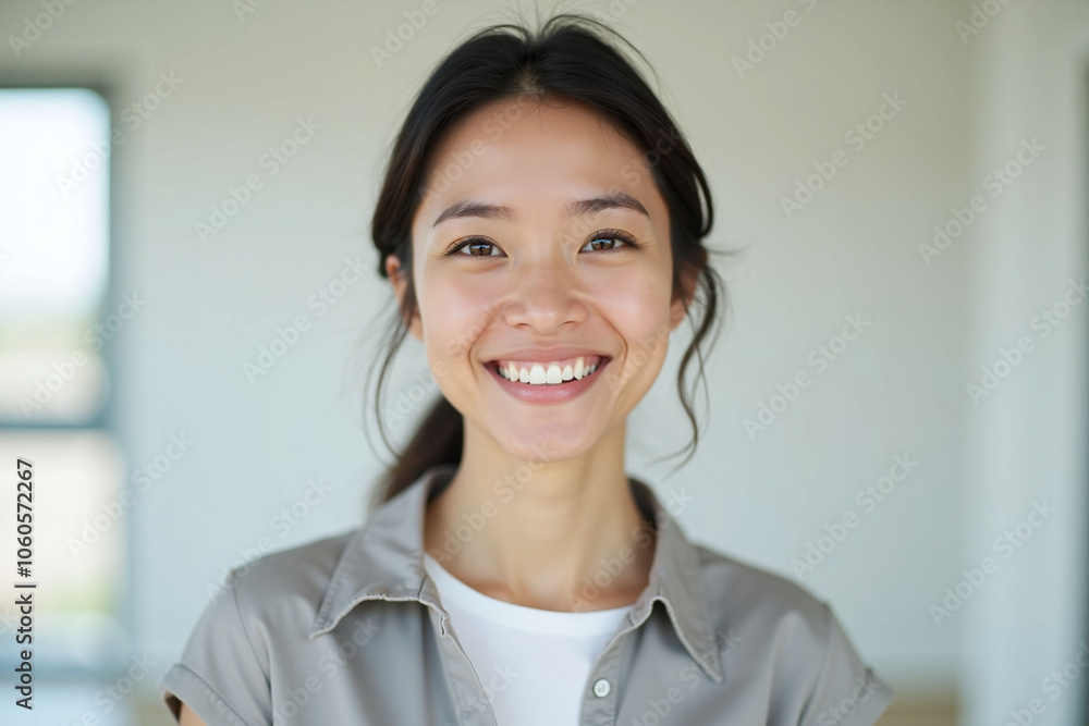 Young woman with cheerful demeanor in minimalist room, bright and charming Young woman with cheerful demeanor in minimalist room, bright and charming