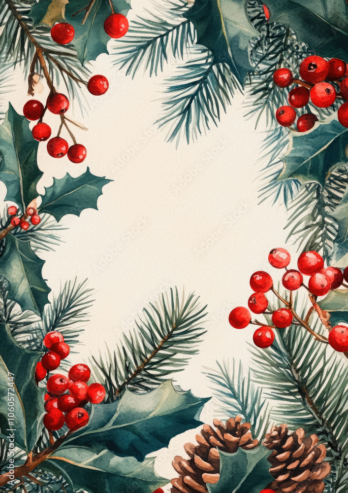 frame of fir branches, holly, mistletoe, red berries on white background, christmas, new year, postcard, xmas, congratulations, celebration, wallpaper, illustration frame of fir branches, holly, mistletoe, red berries on white background, christmas, new year, postcard, xmas, congratulations, celebration, wallpaper, illustration