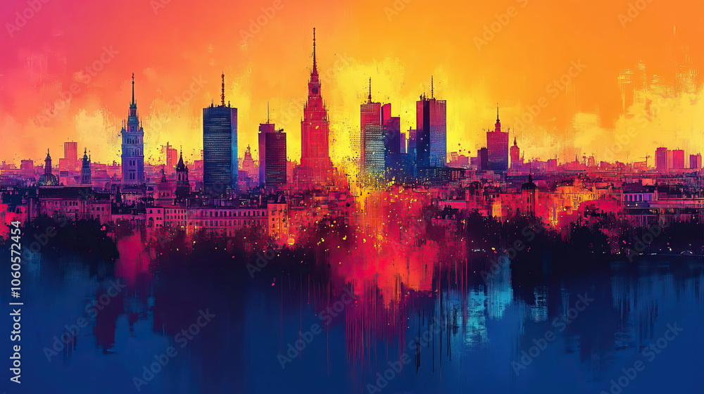 Fototapeta premium Warsaw, Poland, Pop Art style theme print. Cityscape, city skyline.Vibrant, bright, modern, trendy, graphic designed for poster, card, wallpaper