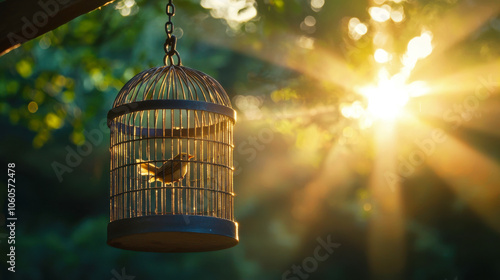 Bird in a Cage with Sunlight Rays