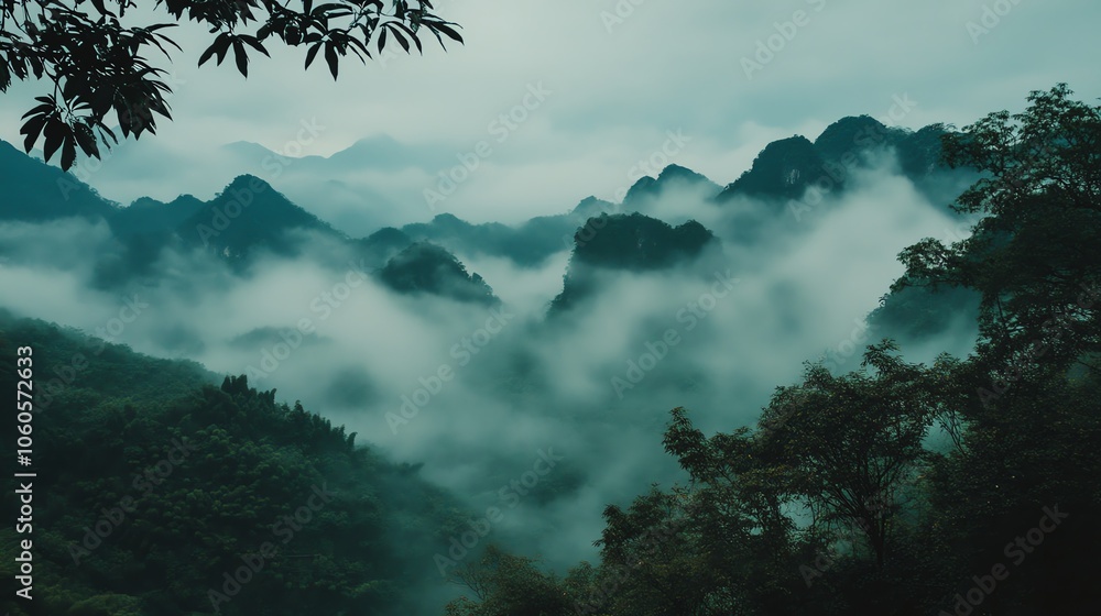 Obraz premium Misty mountains surrounded by lush green foliage and atmospheric clouds.