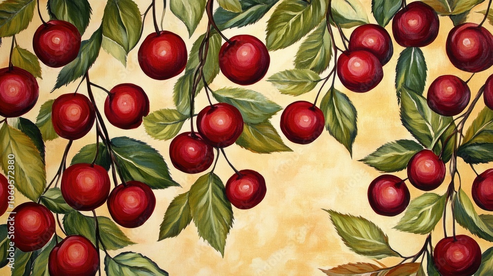 Charming cherry fruit design with rich reds and greens, creating a lively backdrop Charming cherry fruit design with rich reds and greens, creating a lively backdrop