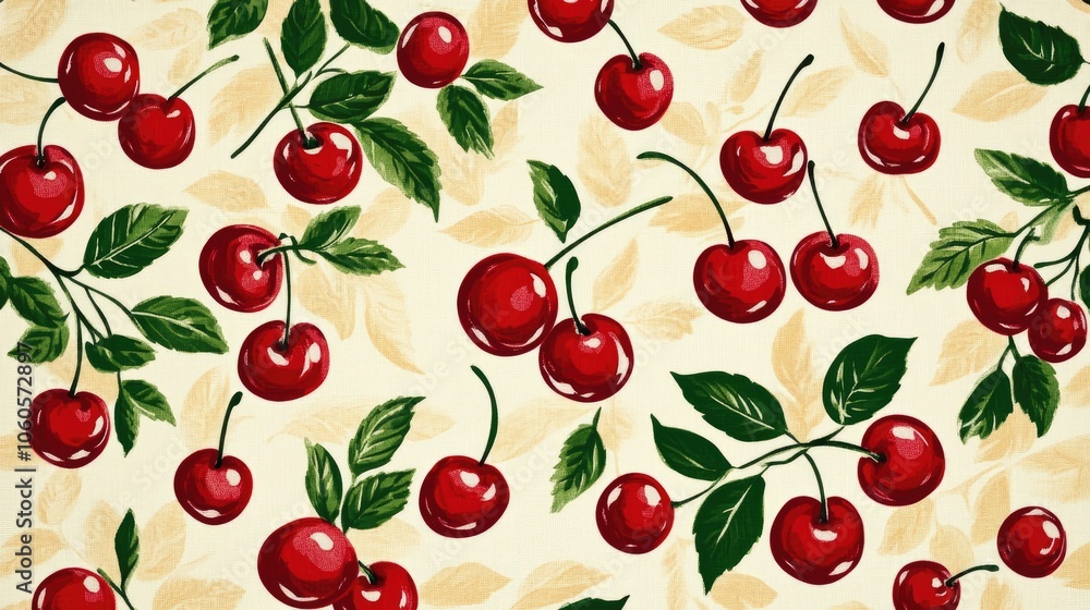 Charming cherry print background with bright red cherries and simple green leaves Charming cherry print background with bright red cherries and simple green leaves