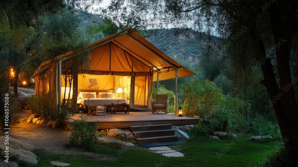 Charming glamping tent with warm lighting in a peaceful, natural setting Charming glamping tent with warm lighting in a peaceful, natural setting