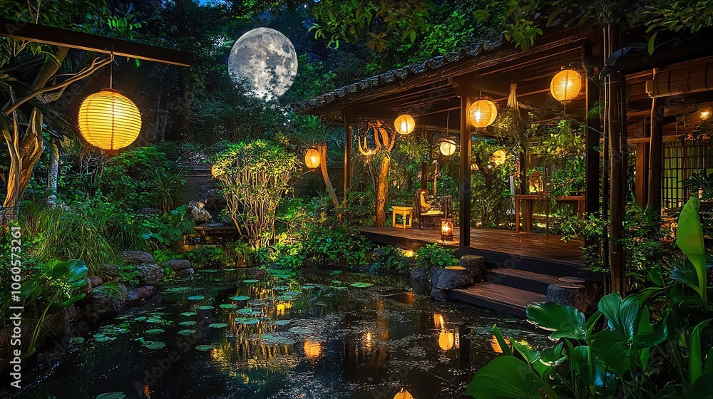 Obraz premium Serene garden illuminated by lanterns, reflecting in tranquil pond under a full moon, lush greenery surrounds.