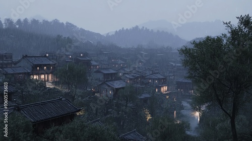 Serene mountainside village under a misty night sky with glowing windows and reflections on calm water.