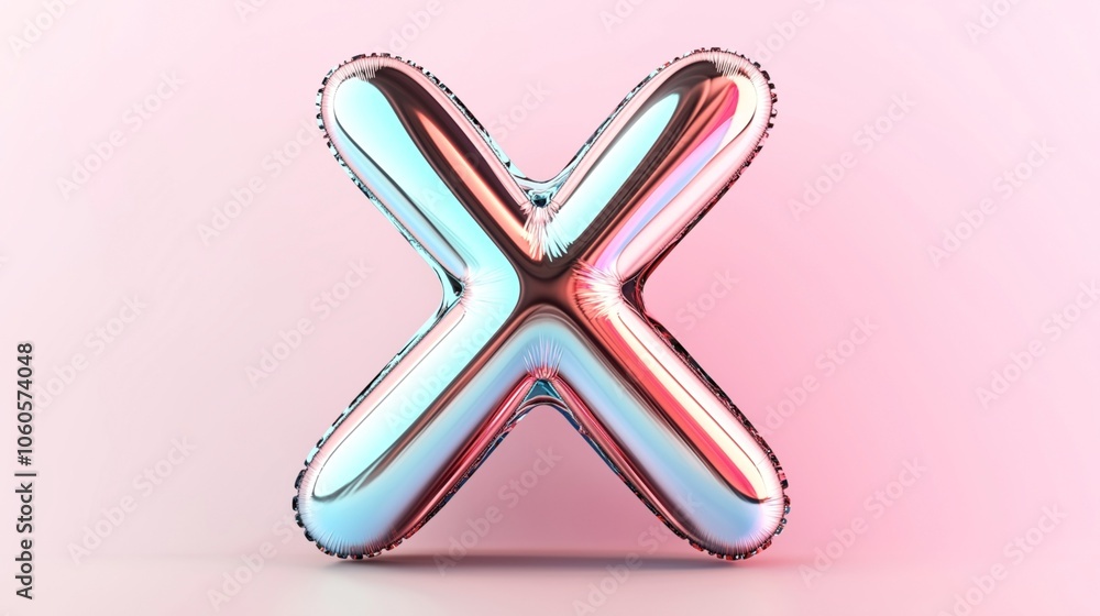 Metallic balloon shaped as the letter X with reflective surfaces in pastel colors against a soft pink background Metallic balloon shaped as the letter X with reflective surfaces in pastel colors against a soft pink background