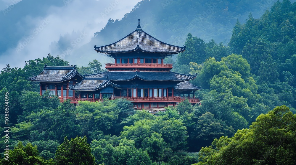 Serene traditional architecture surrounded by lush greenery and mist, creating a tranquil atmosphere. Serene traditional architecture surrounded by lush greenery and mist, creating a tranquil atmosphere.