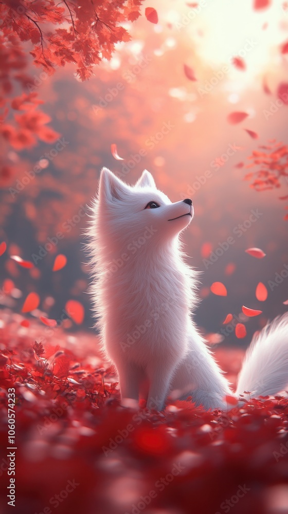White Arctic Fox in a Red Autumn Forest White Arctic Fox in a Red Autumn Forest