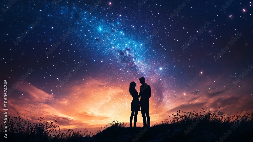 Silhouette couple gazing at the starry night sky, expressing love under the cosmos. Silhouette couple gazing at the starry night sky, expressing love under the cosmos.