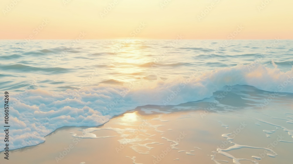 Fototapeta premium As the sun sets on the horizon, warm golden hues illuminate the tranquil waves gently lapping the sandy shore. The peaceful ambiance invites a moment of serene reflection.