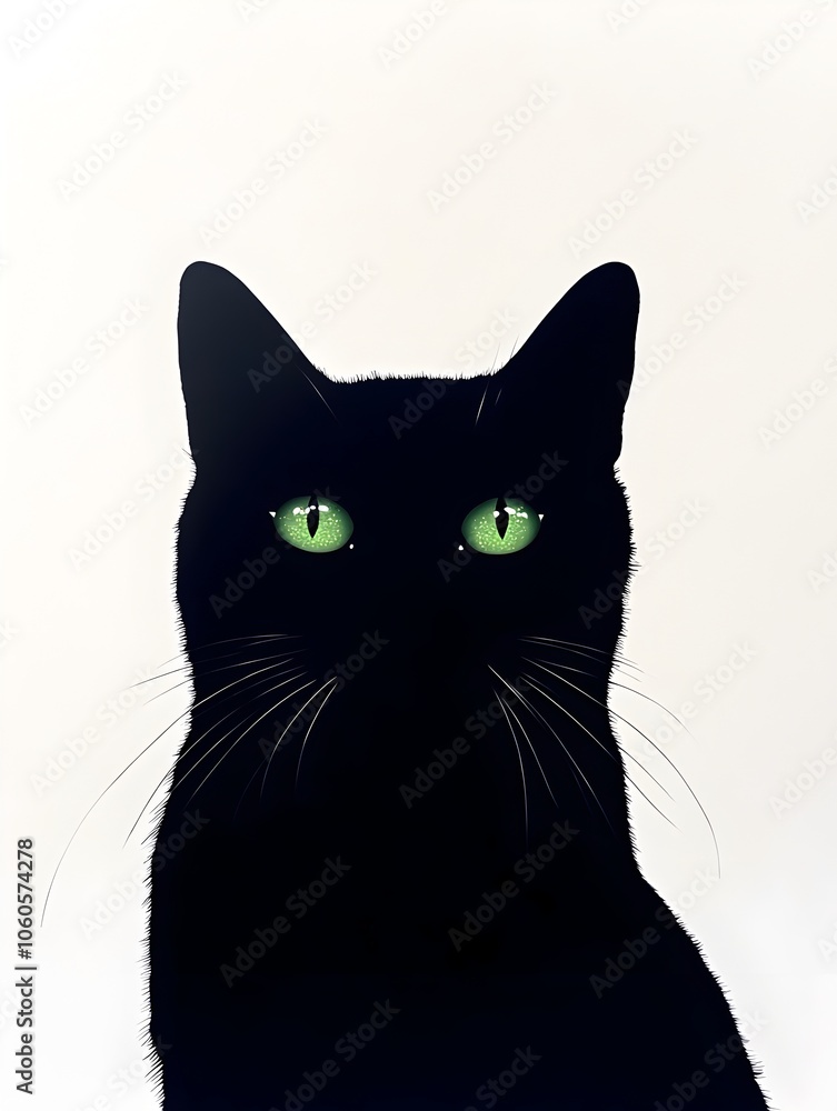 Captivating Black Cat Silhouette with Glowing Green Eyes against Stark White Background Captivating Black Cat Silhouette with Glowing Green Eyes against Stark White Background