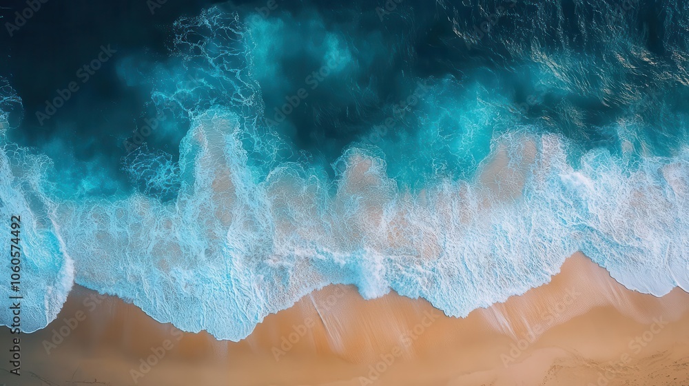 Fototapeta premium abstract aerial view of crashing waves along a tropical beach shoreline showcasing the vibrant blue hues of the ocean meeting the sandy shore creating a dynamic and captivating composition