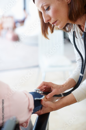 Blood pressure, stethoscope and doctor with senior patient for medical service, exam and consulting. Healthcare, retirement and elderly person with disability for diabetes, heart rate or hypertension