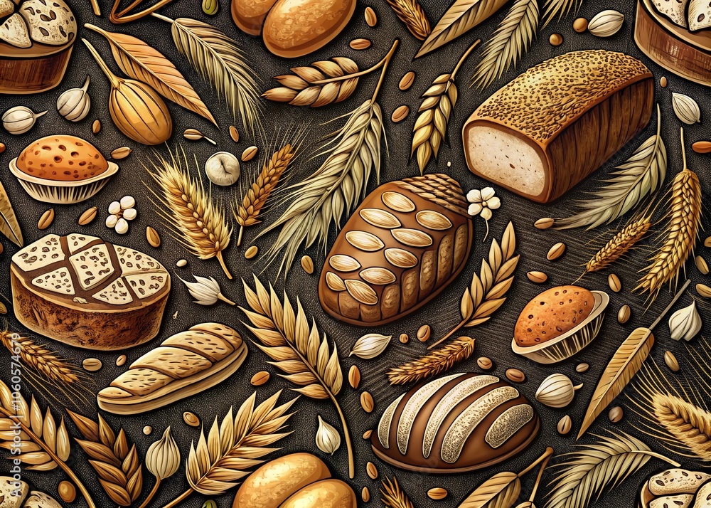 Hand Drawn Grain Crops Pattern with Wheat Icons for Bakery Packaging, Healthy Food Banners, and Vegetarian Wallpapers Hand Drawn Grain Crops Pattern with Wheat Icons for Bakery Packaging, Healthy Food Banners, and Vegetarian Wallpapers