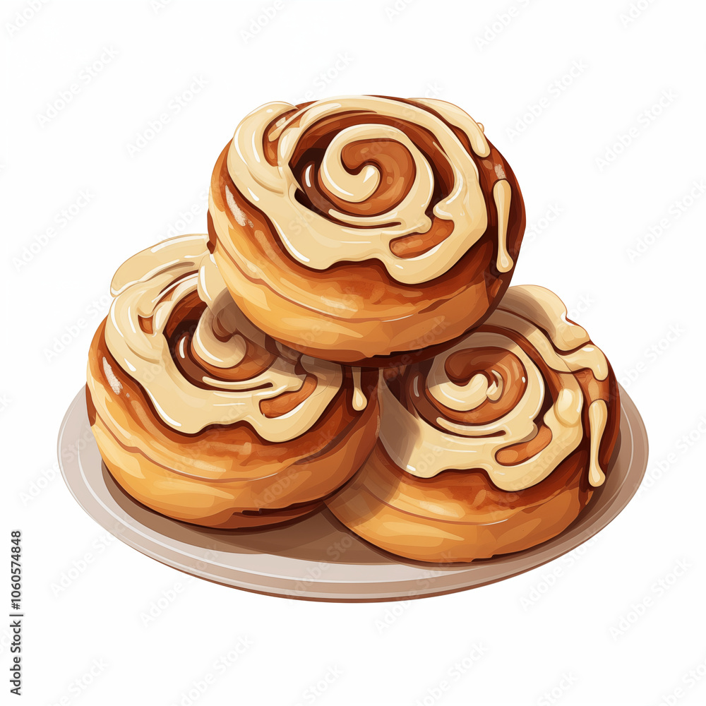 Freshly baked cinnamon rolls topped with creamy icing on a white plate ready to enjoy Freshly baked cinnamon rolls topped with creamy icing on a white plate ready to enjoy