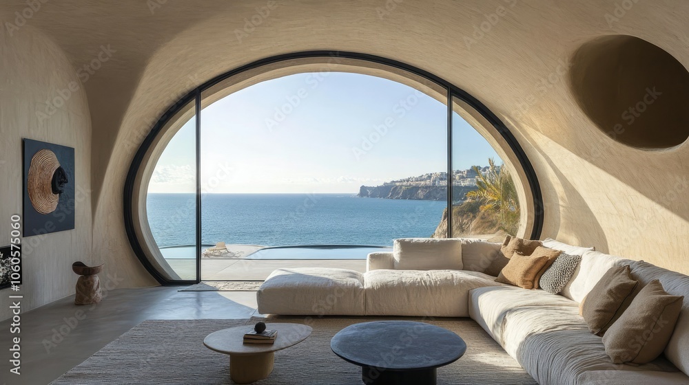 Obraz premium Elegant living room with circular window and panoramic coastal view